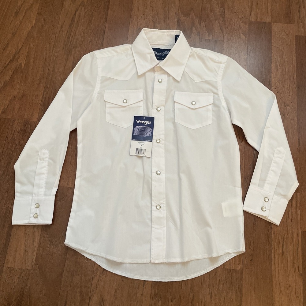 Wrangler Boys Classic Fit Long Sleeve Pearl Snap Shirt White Size M (7-8) NWT